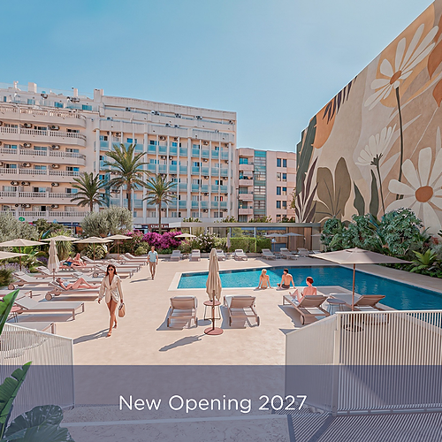 Luxury hotel pool with resort guests, opening 2027. Port Hotels: Corporativa