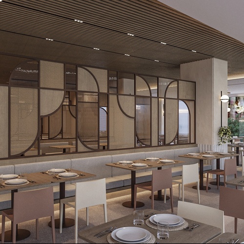 Port Hotels: Corporativa, sala de jantar elegante com divisórias de vime e cadeiras modernas.