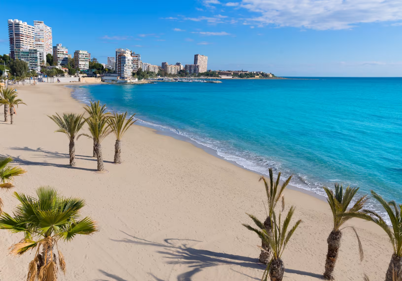 Espectaculares fuegos artificiales blancos estallan sobre una montaña con un castillo, iluminando una ciudad costera y reflejándose en el agua durante la noche.