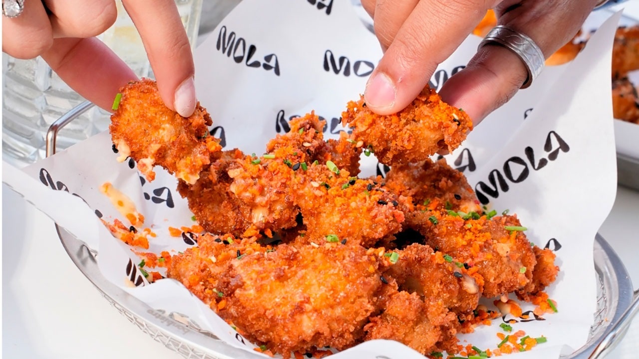 una persona sostiene un pedazo de pollo frito encima de una hoja de papel que dice mola