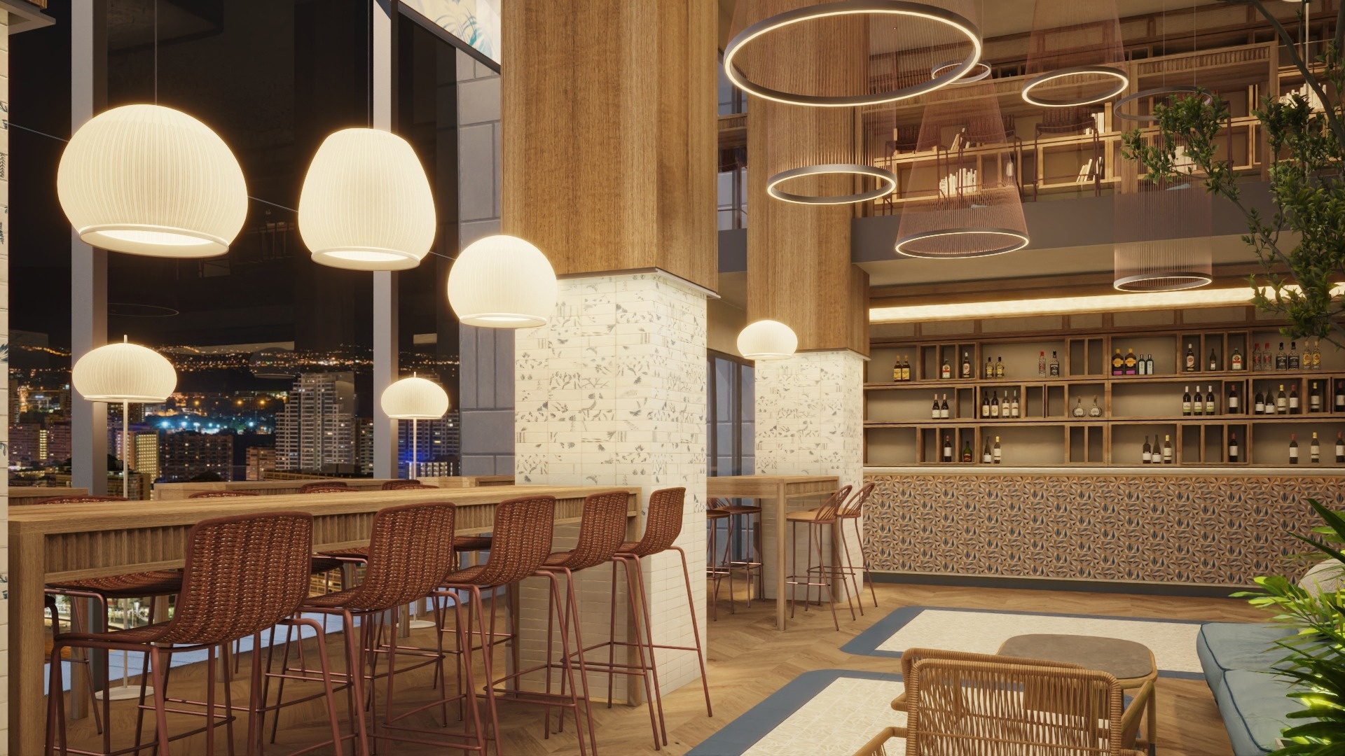 una habitación con muchos taburetes y una barra