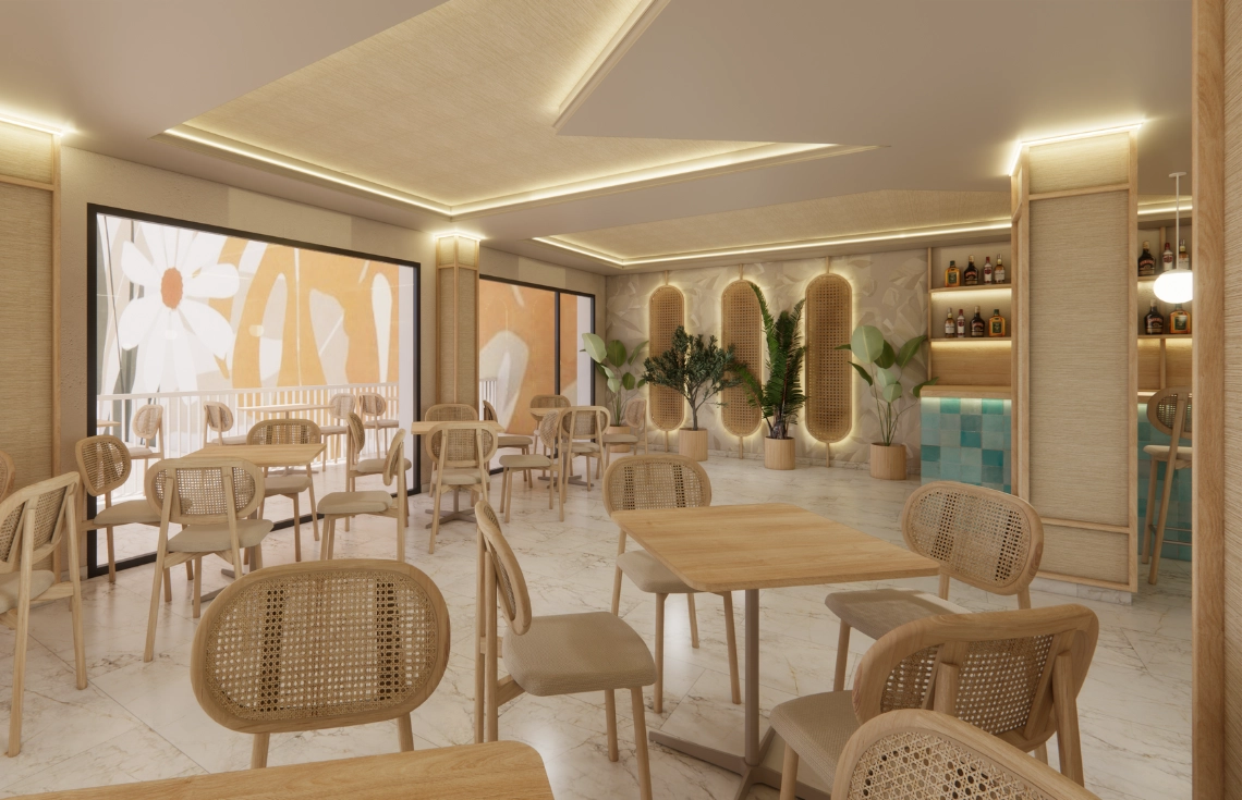 Port Hotels: acogedor restaurante con mesas de madera, sillas de ratán y decoración tropical.