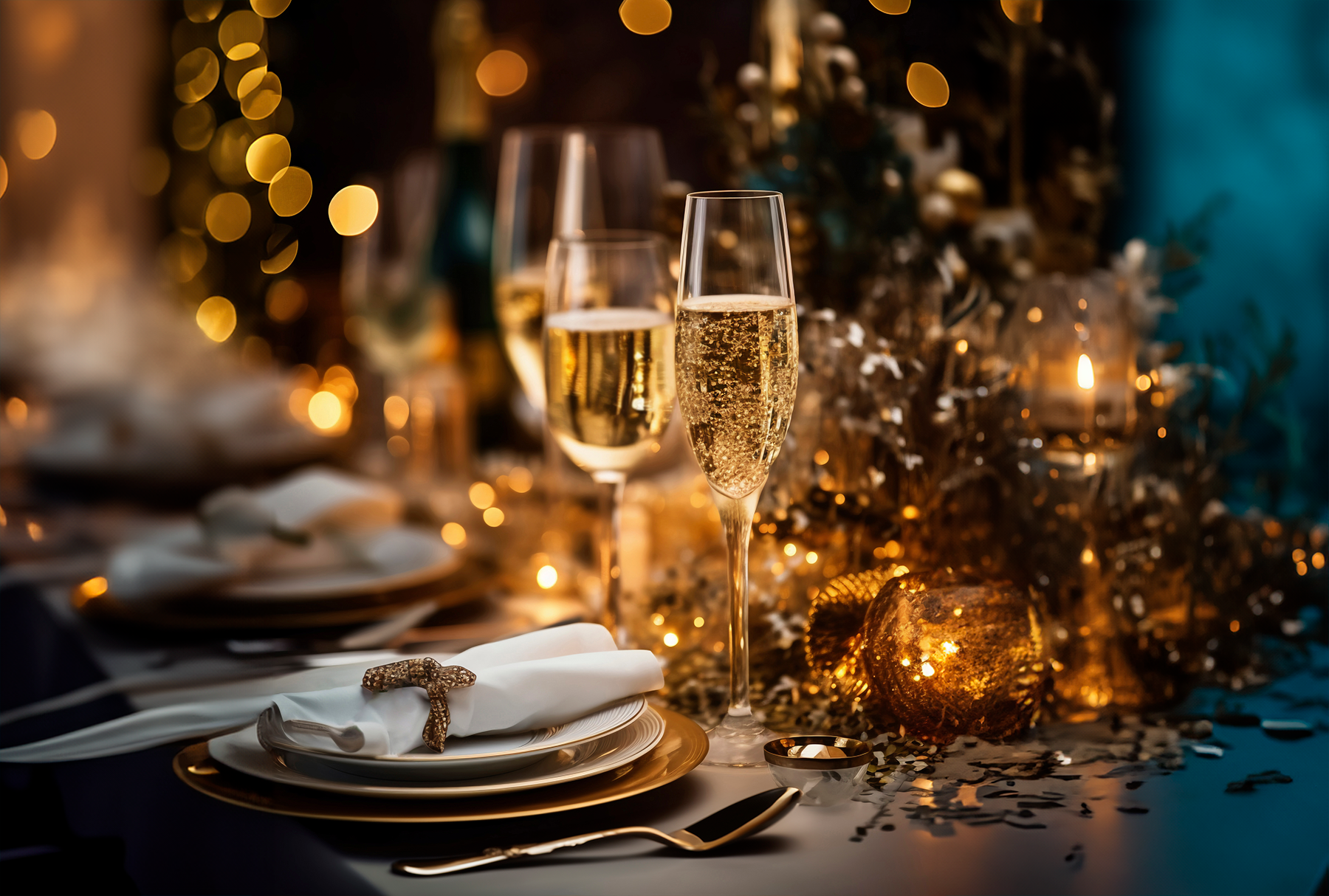 a glass of champagne sits on a table with plates and silverware