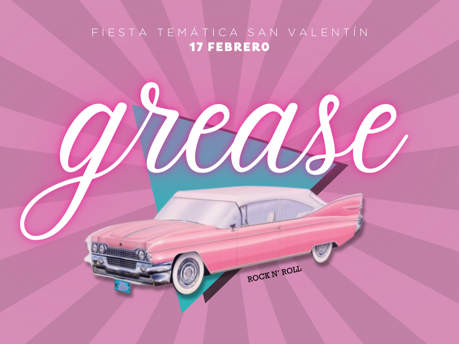 un cartel para una fiesta temática de san valentín con un coche rosa