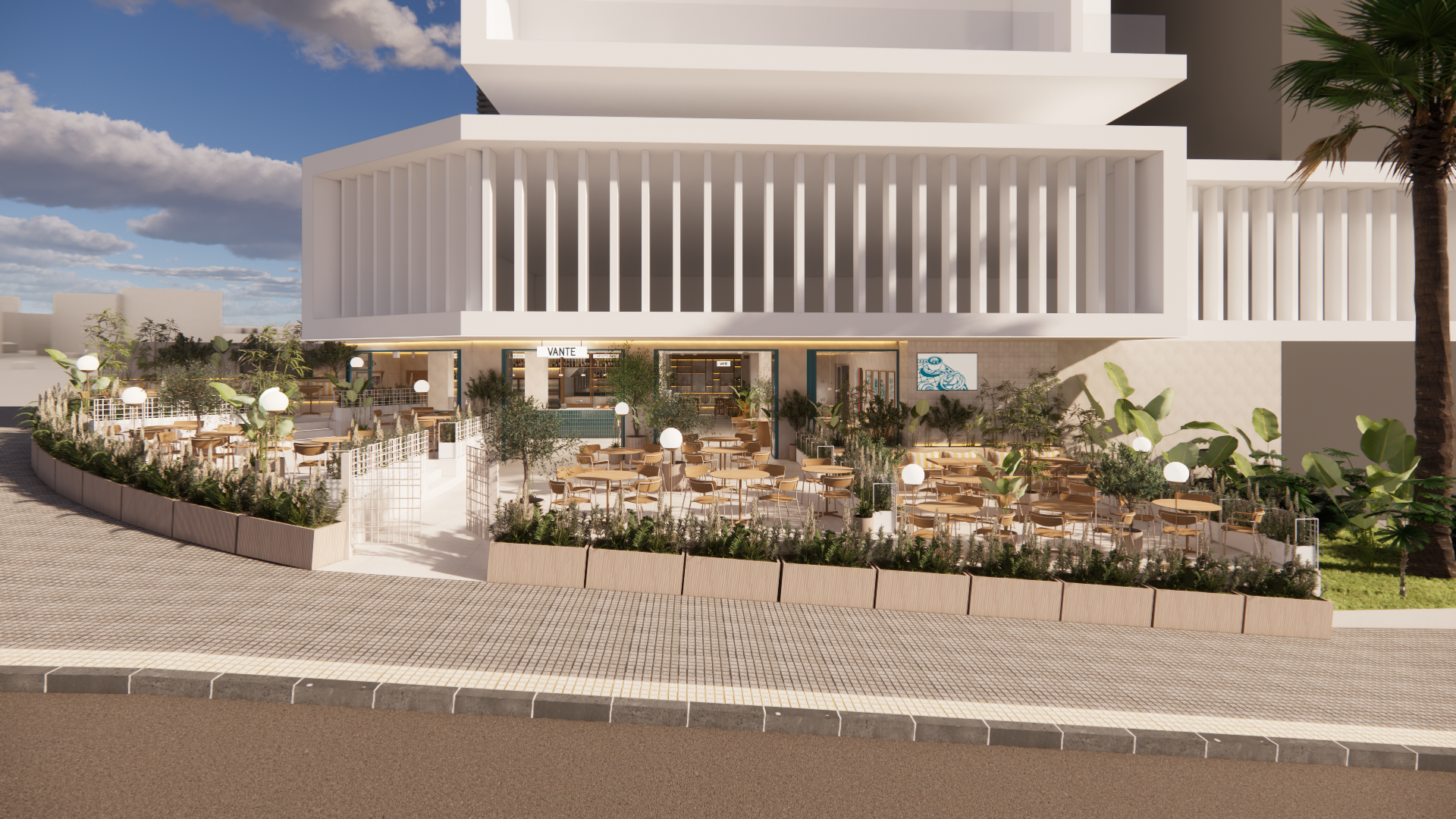 Port Hotels: Corporativa: Restaurant Vante, terrasse extérieure avec tables et chaises, végétation luxuriante, architecture moderne.