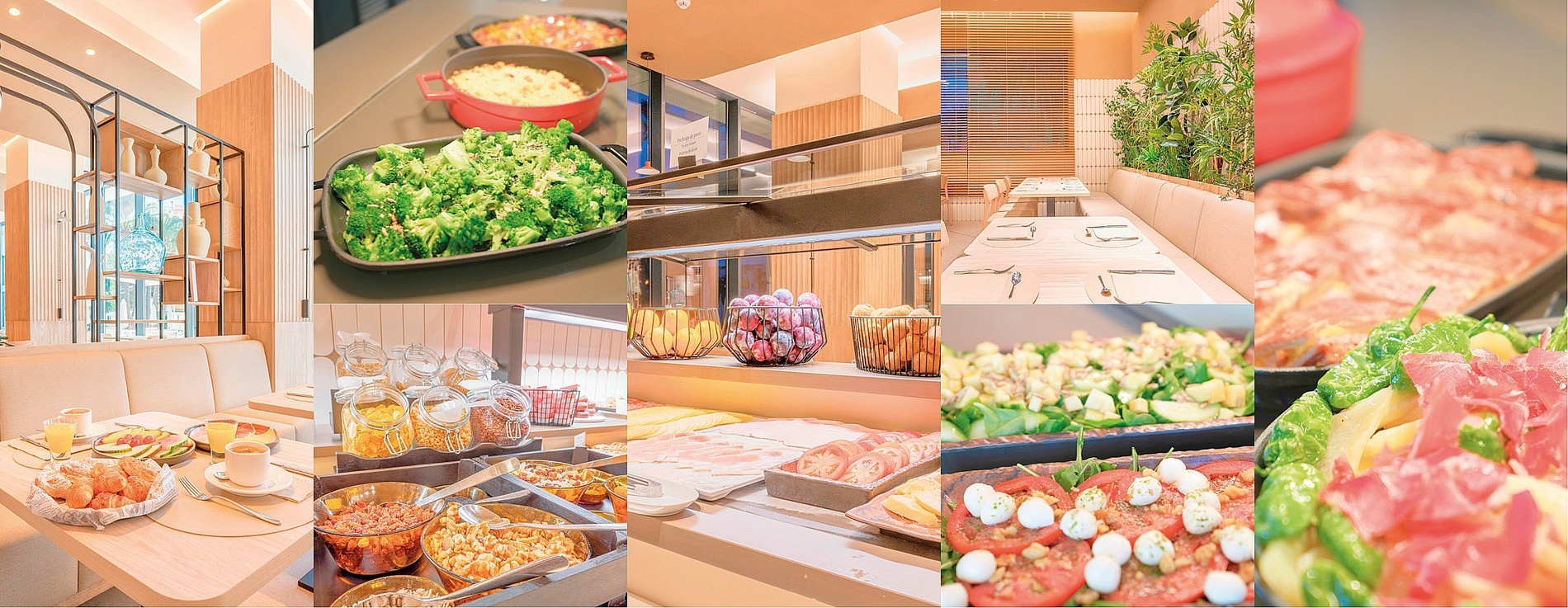 un collage de fotos de comida y bebida en un restaurante