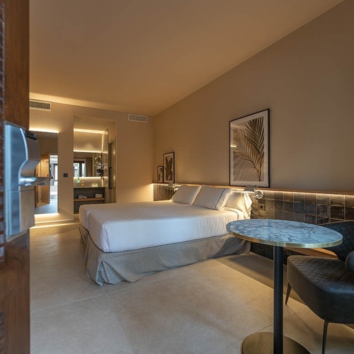 una habitación de hotel con una cama y una mesa