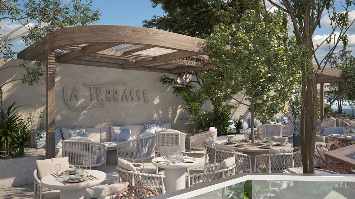 an artist 's impression of a terrasse restaurant with tables and chairs