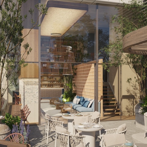 una representación artística de una terraza con mesas y sillas