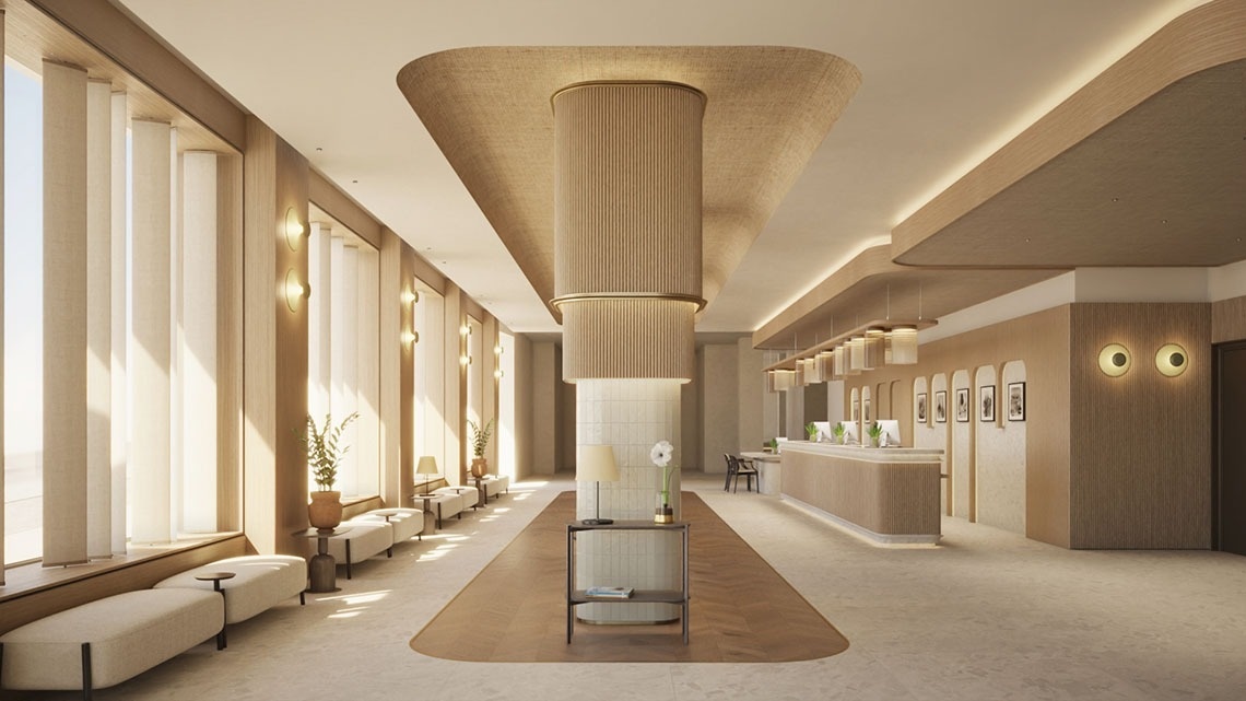 an artist 's impression of the lobby of a hotel