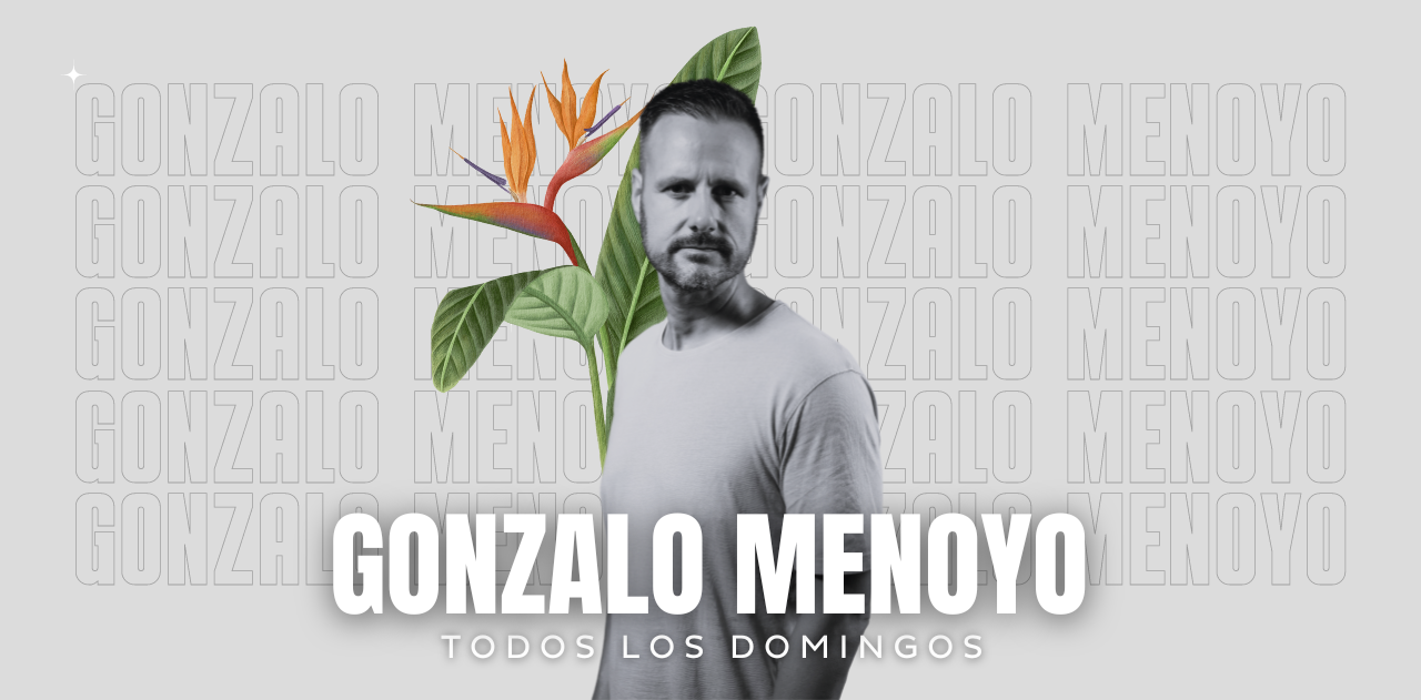 un cartel de gonzalo menoyo con un hombre y una flor