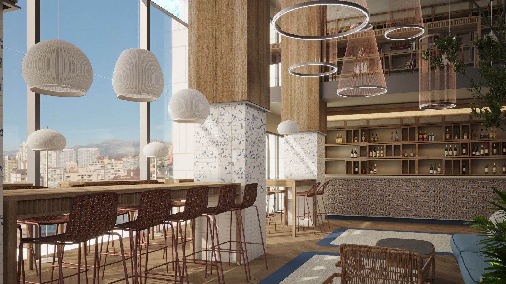 Bar corporativo en Port Hotels con vistas panorámicas y diseño moderno.