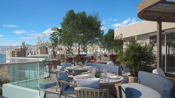 an artist 's impression of a terrasse restaurant with tables and chairs