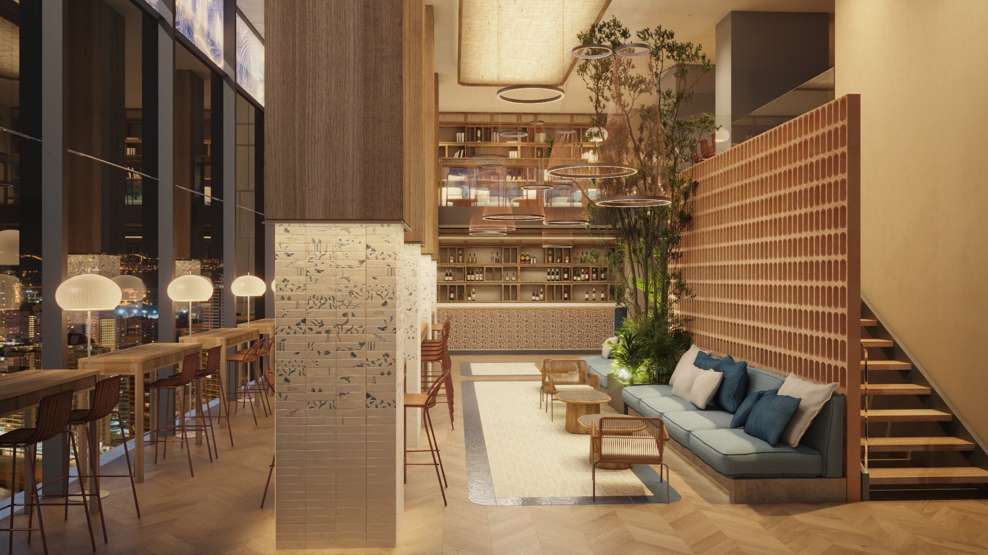 una sala de estar con un sofá y una escalera