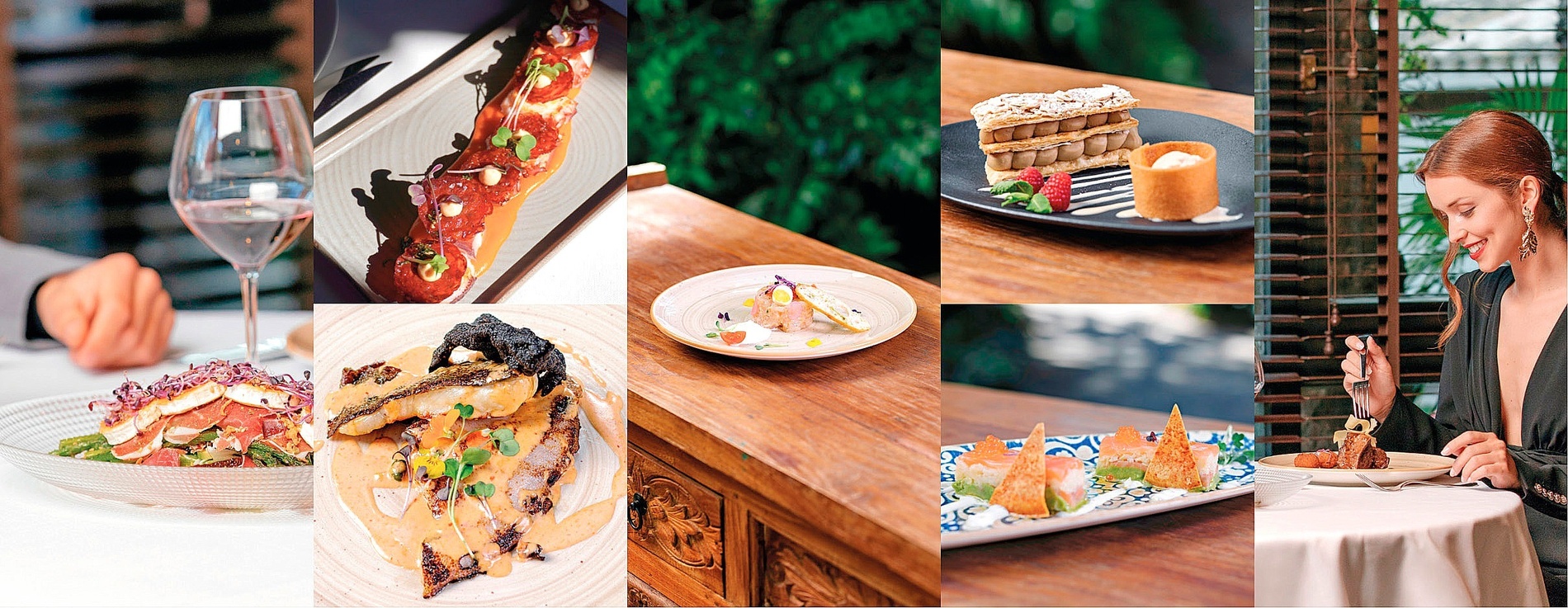 un collage de fotos de comida y bebida en un restaurante