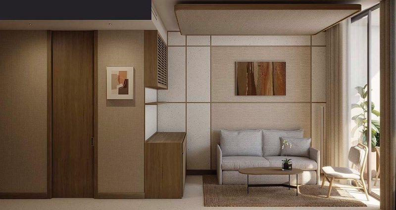 una sala de estar con un sofá y una mesa