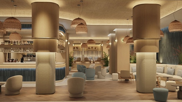 an artist 's impression of a restaurant with a bar