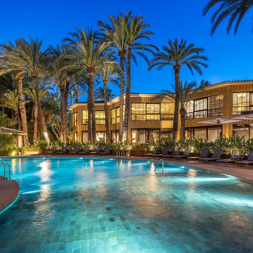 a large swimming pool surrounded by palm trees and chairs