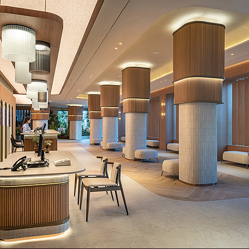 Recepción moderna de hotel con diseño elegante yPort Hotels: Corporativaespacios amplios.