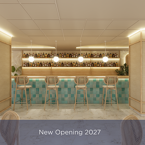 Modern hotel bar with rattan stools and a vibrant tile backsplash. Port Hotels: Corporativa opening 2027.