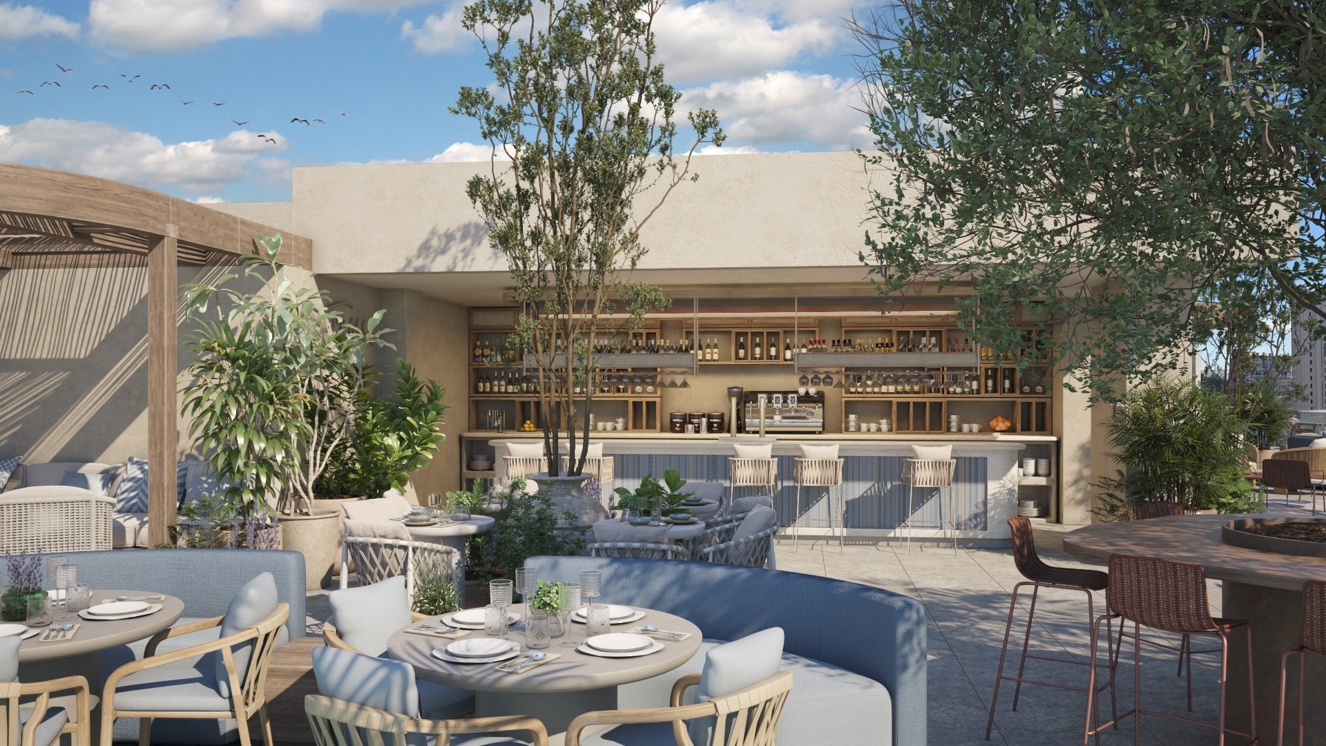 una representación artística de un restaurante con mesas y sillas