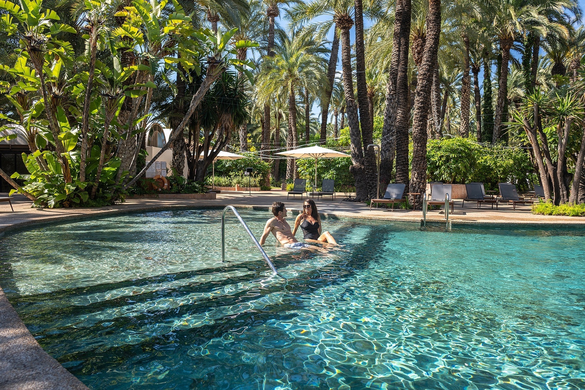 a man and a woman are in a swimming pool surrounded by palm trees