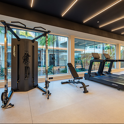 Gimnasio moderno con máquinas de pesas, cintas de correr y vistas a un jardín tropical. Port Hotels: Corporativa