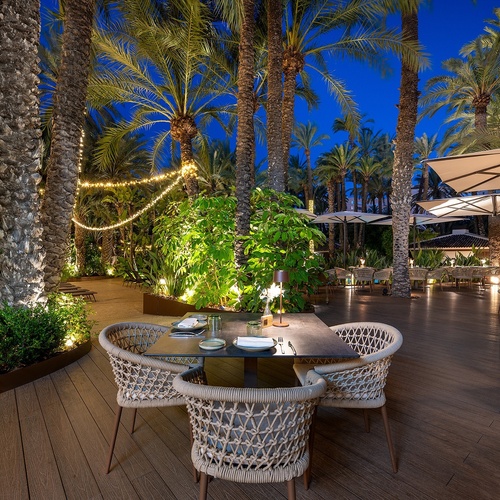 a restaurant with tables and chairs surrounded by palm trees