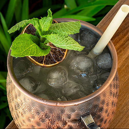 Cóctel refrescante con hielo, menta y limón en taza de cobre, perfecto para Port Hotels: Corporativa.
