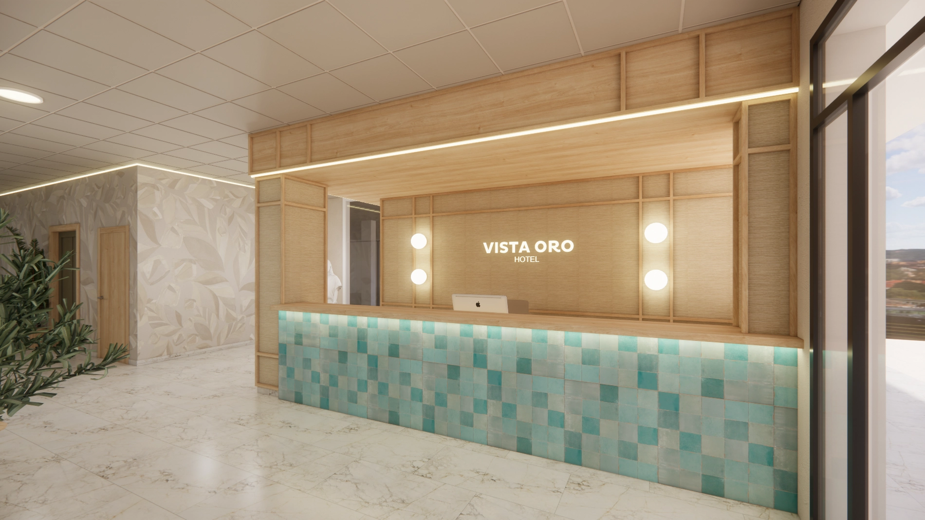 Recepción 'Port Hotels' con azulejos turquesas y logo retroiluminado.