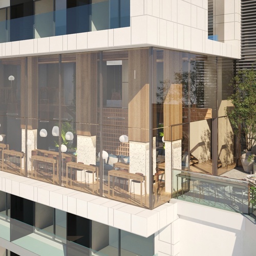 una vista aérea de un edificio con una gran ventana