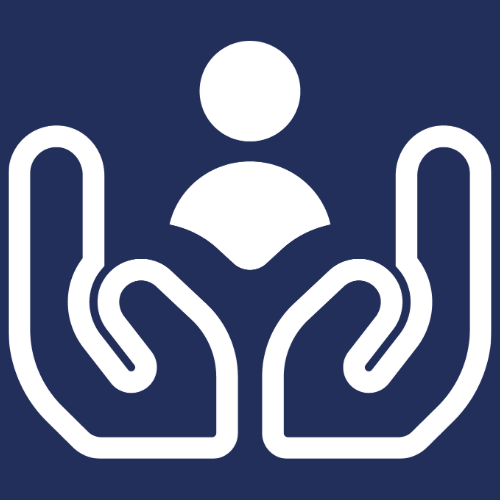 Un ícono blanco de una persona sostenida o protegida por dos manos sobre un fondo azul oscuro.