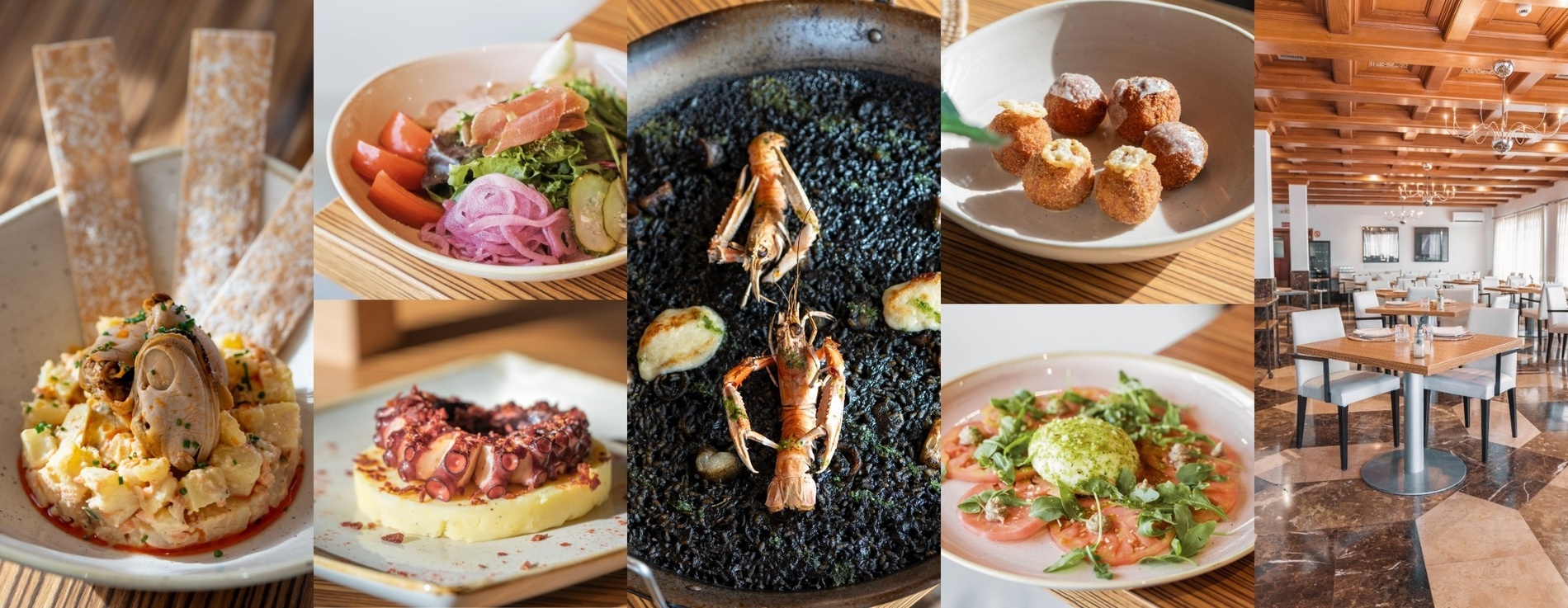 un collage de fotos de comida en un restaurante