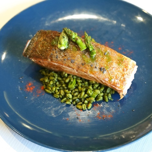 a blue plate topped with a piece of salmon and green beans