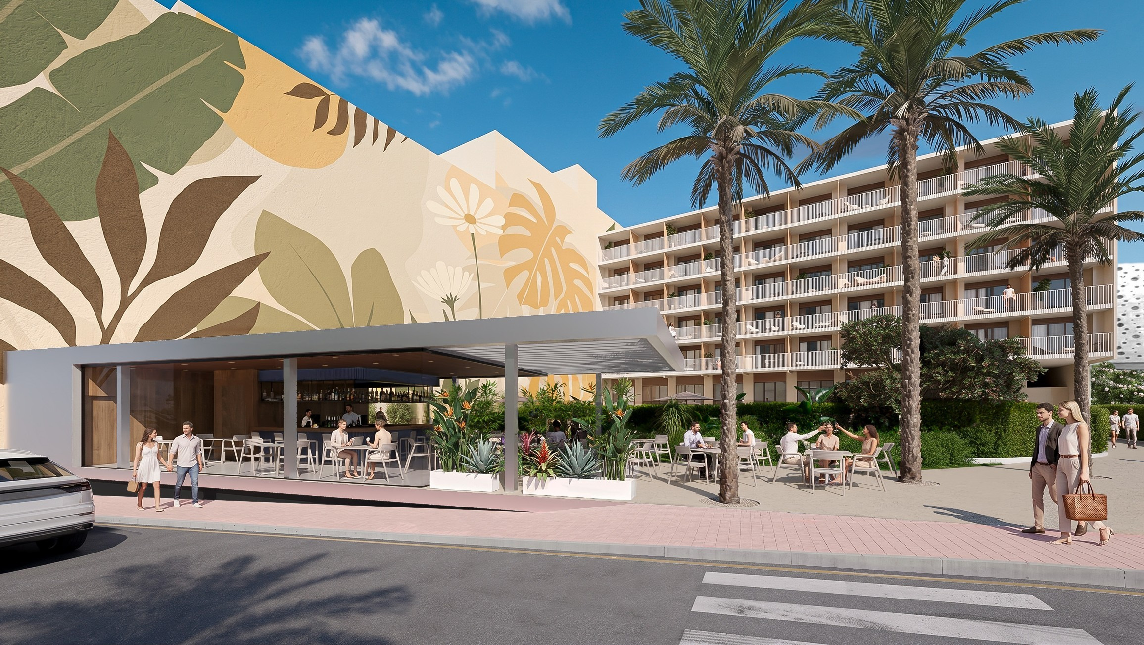 Hotel moderno con mural tropical y palmeras, ideal para tu Port Vista Oro | Alicante | Port Hotels | Web oficial.