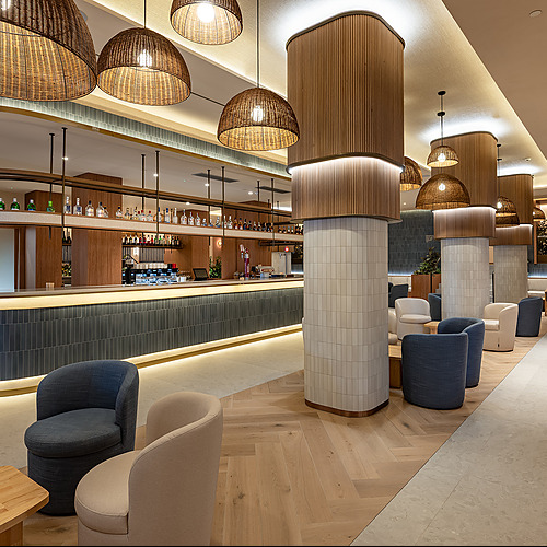 Bar y sala de estar del hotel con asientos cómodos, iluminación ambiental y estanterías de Port Hotels: Corporativa.