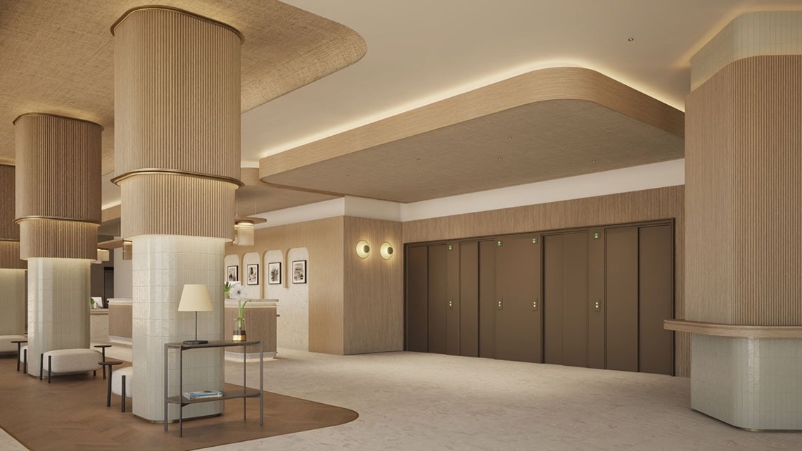 an artist 's impression of the lobby of a hotel