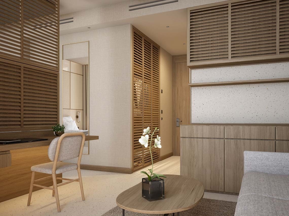 una habitación con una mesa de madera y una silla