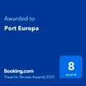 a blue sign that says `` awarded to port europa '' on it .