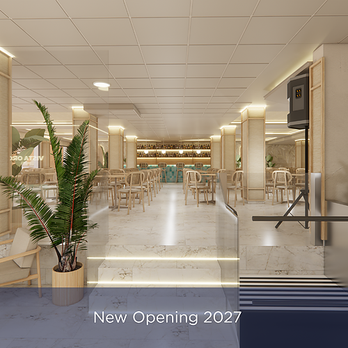 Modern hotel lounge and bar area, set to open in 2027. Port Hotels: Corporativa