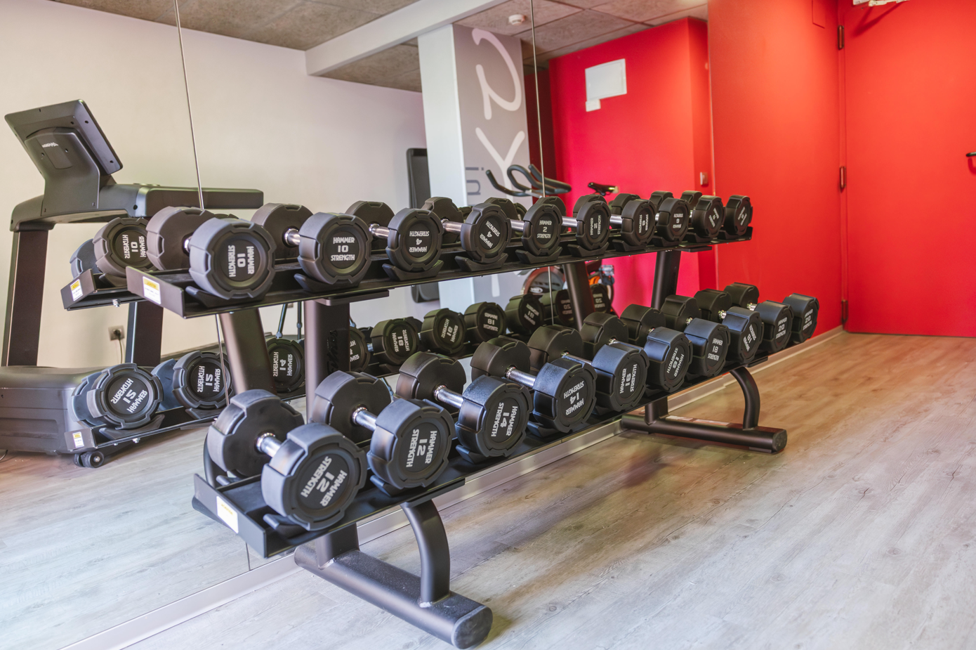 un rack de mancuernas en un gimnasio con una puerta roja