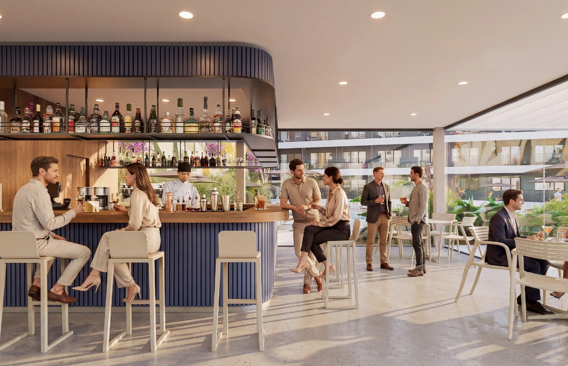 Un bar de hotel moderno con personas disfrutando de bebidas, ideal para Port Hotels.