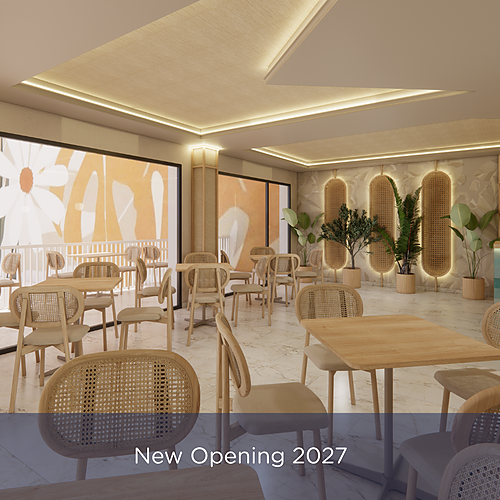 Interior dining area of a modern restaurant with light wood furniture, plants, and abstract art, featuring 'Port Hotels: Corporativa