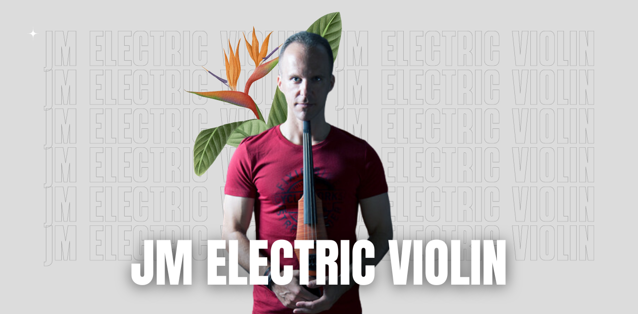 a man in a red shirt is holding an electric violin