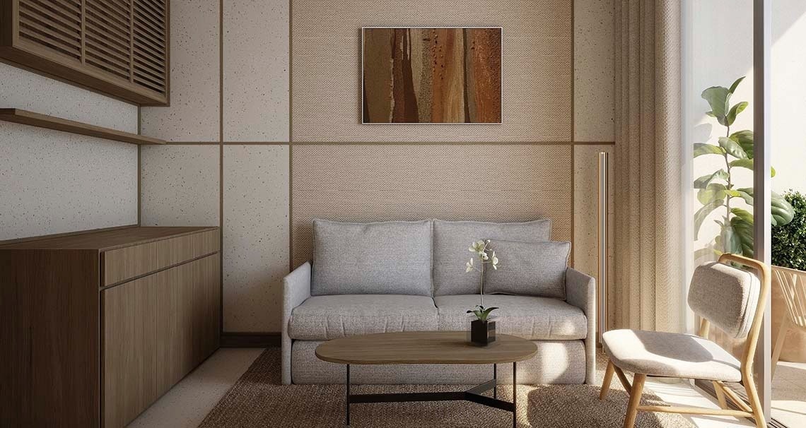 una sala de estar con un sofá y una mesa de madera