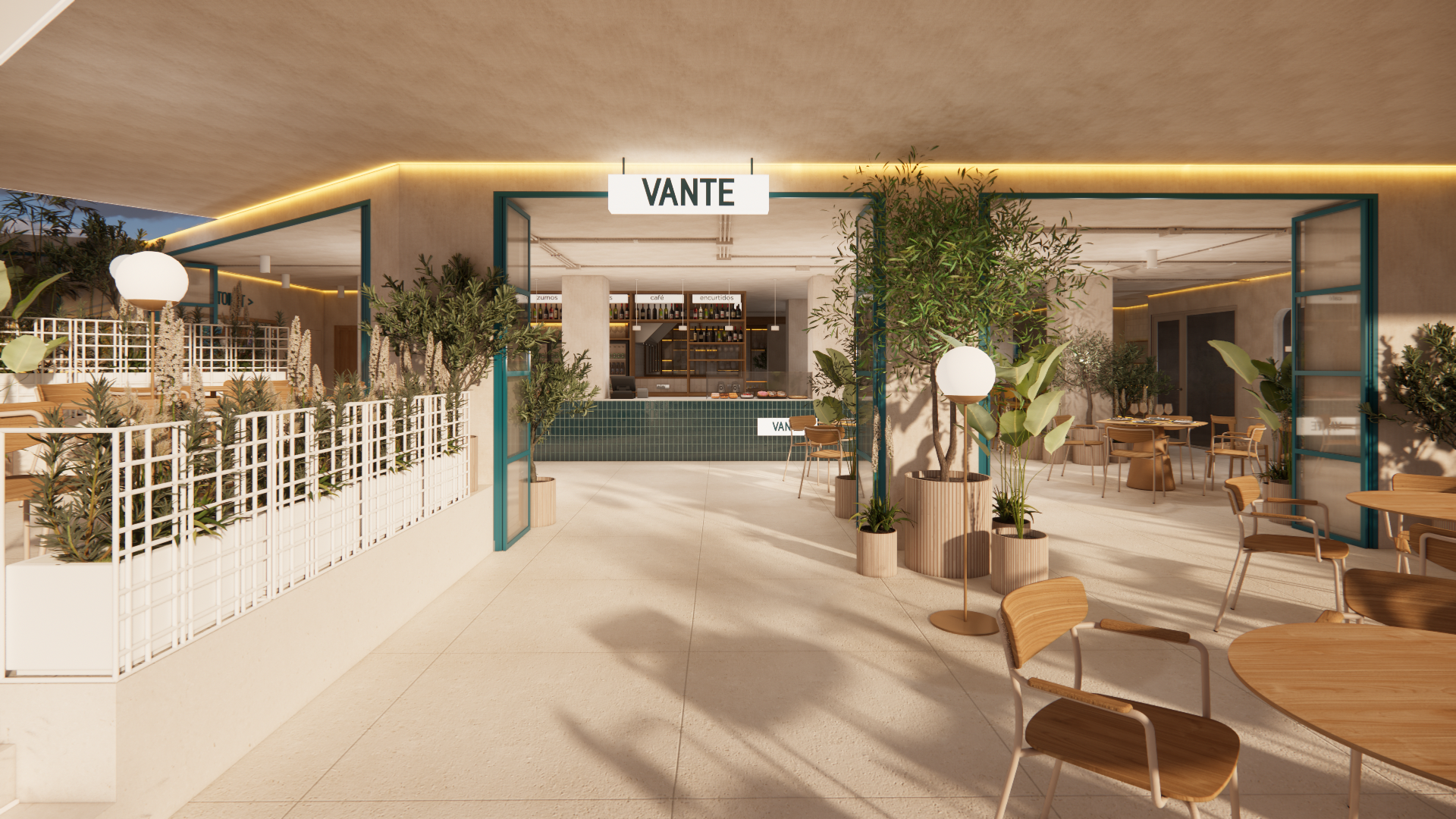 Café Vante extérieur, ambiance cosy avec des plantes et des tables en bois. Idéal pour un café Port Hotels: Corporativa.