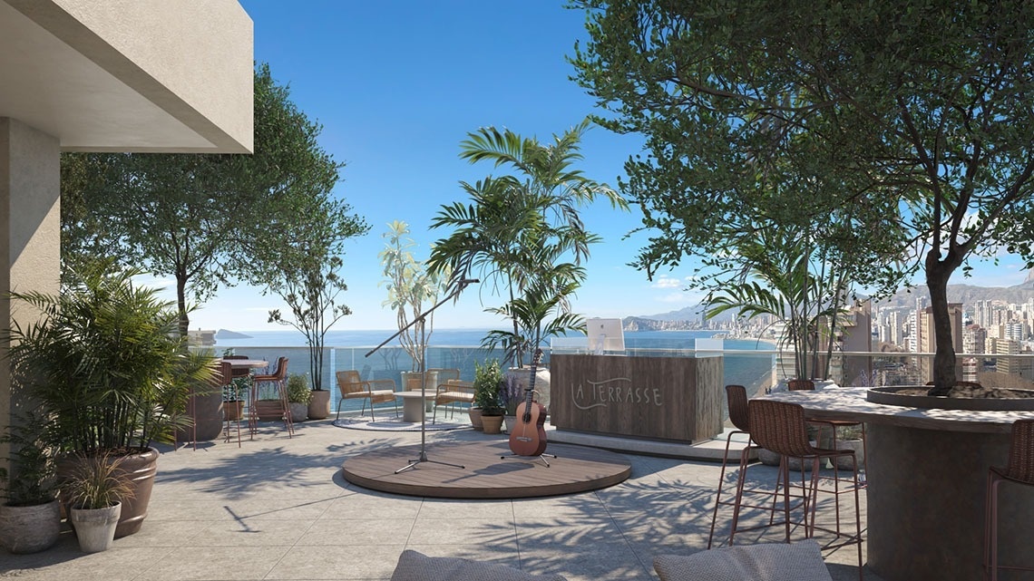 an artist 's impression of a terrasse restaurant with tables and chairs