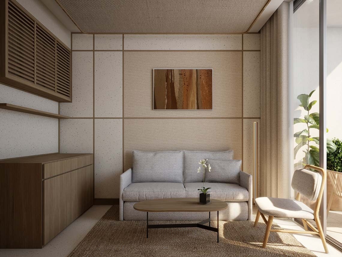 una sala de estar con un sofá y una mesa de madera