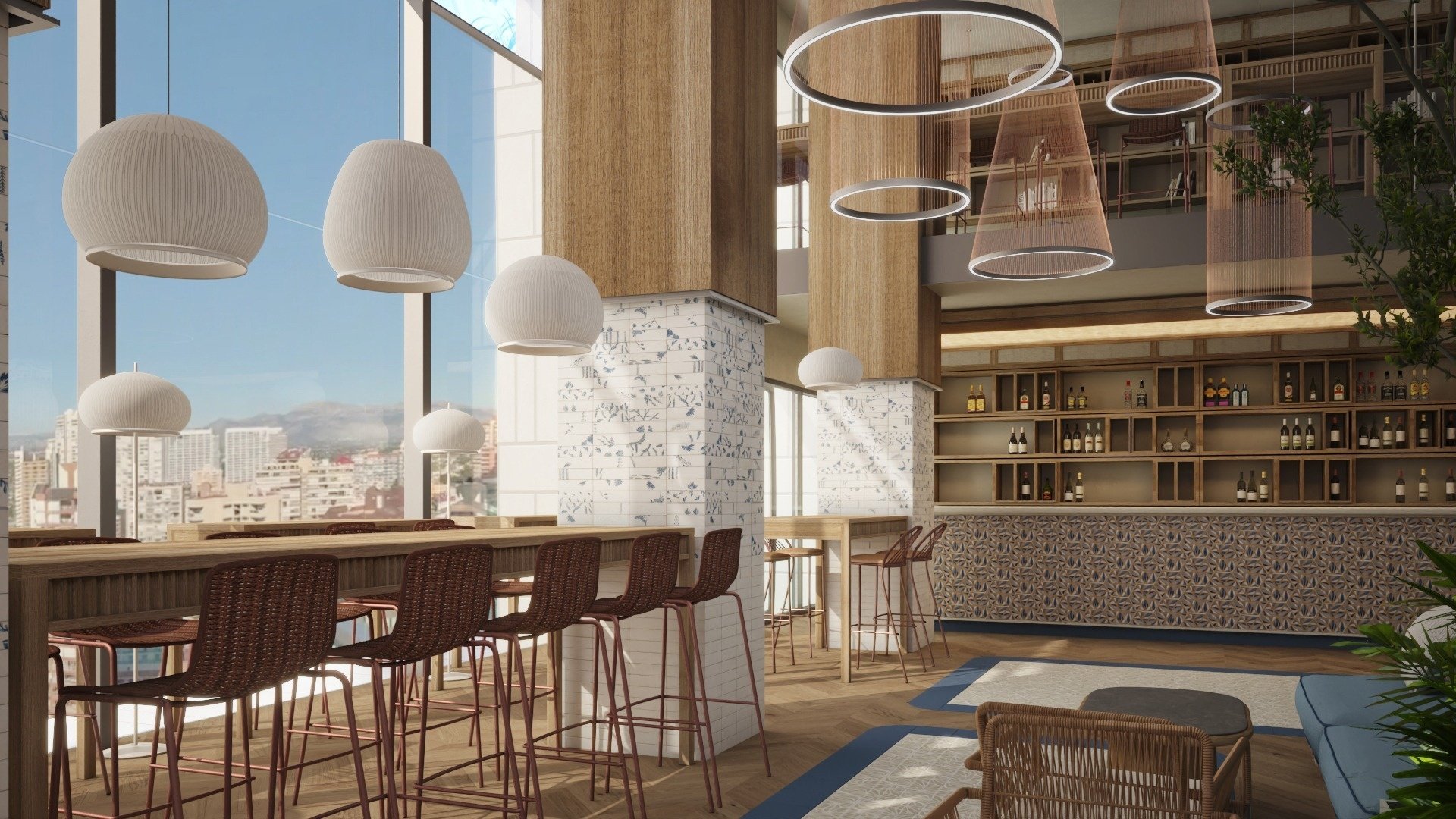 una habitación con muchos taburetes y una barra