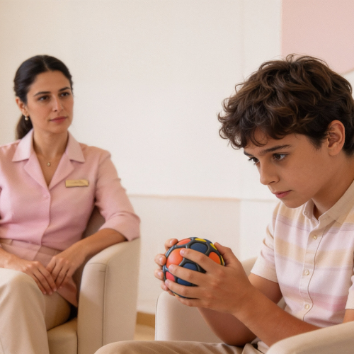Una mujer y un niño están sentados en sillas, el niño sostiene una pelota colorida mientras la mujer lo observa atentamente.